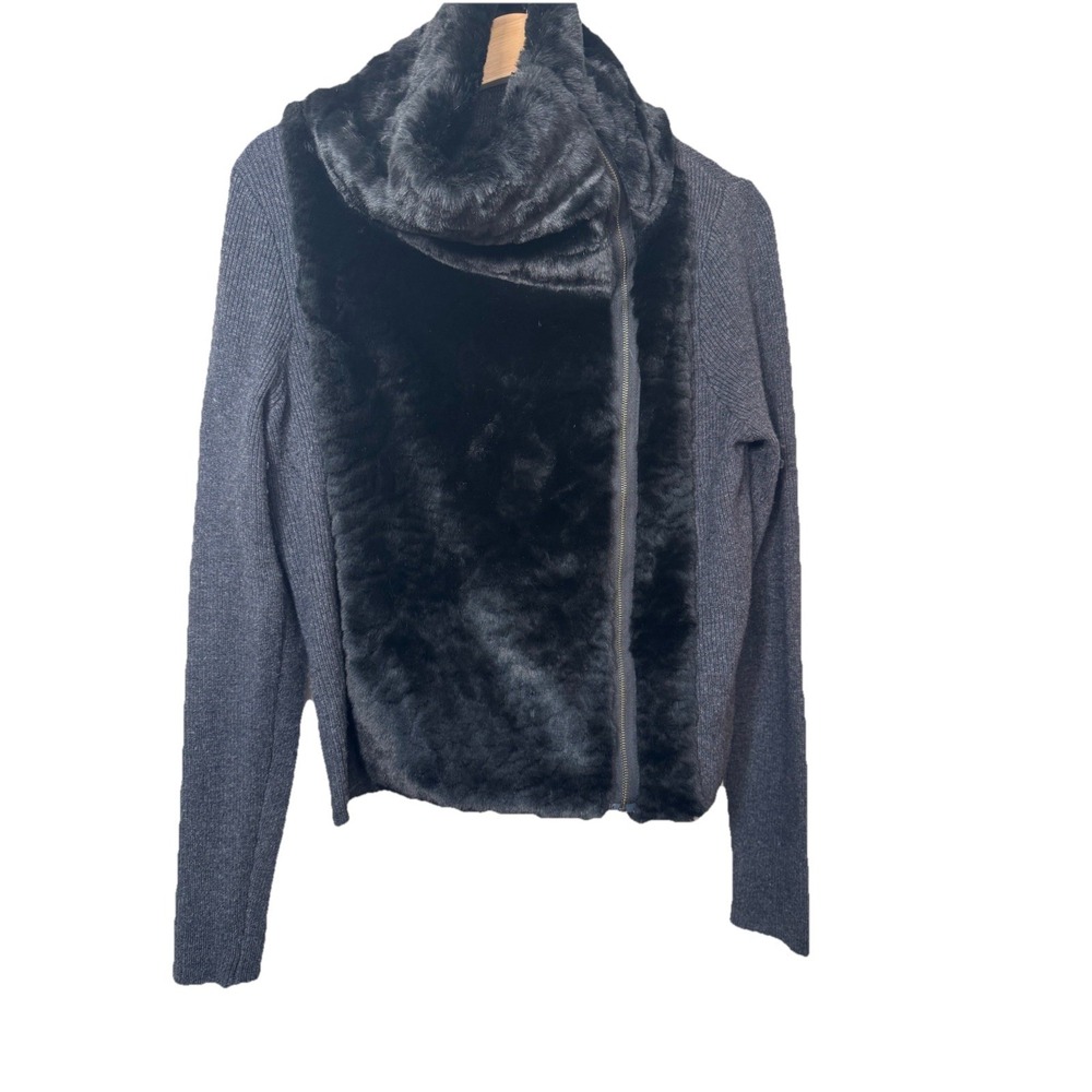 Ann Taylor Faux Rabbit Fur Wool Zip Up Gray Black High Neck cardigan Sweater M